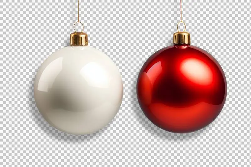 A Red and a White Christmas Balls Hanging in Isolation on a Transparent Background