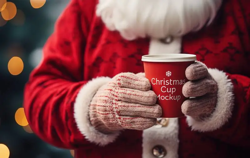 Christmas Mockup of Red Paper Cup Held by Santa Klaus