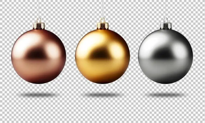 Three Metallic Christmas Balls Hanging Isolated on a Transparent Background
