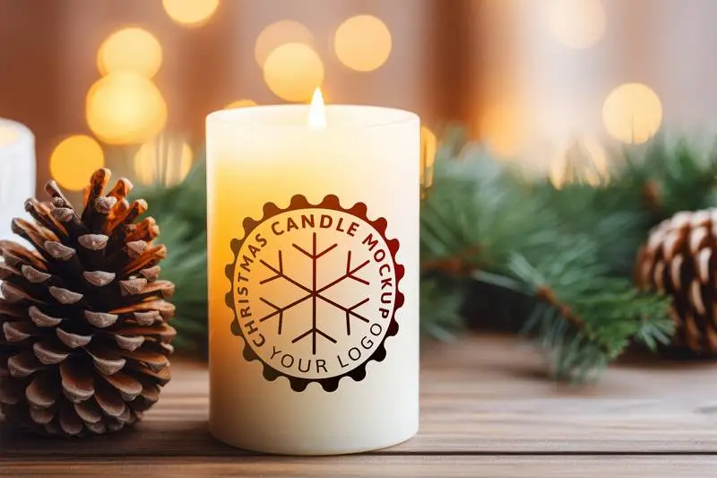 Mockup of Logo on Lit Candle With Christmas Decoration in the Background