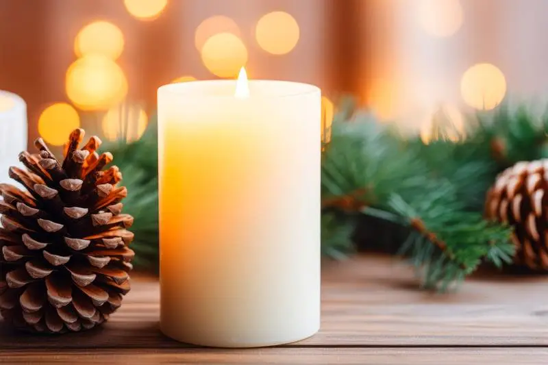 Image of Lighted Candle With Christmas Decorations in Background