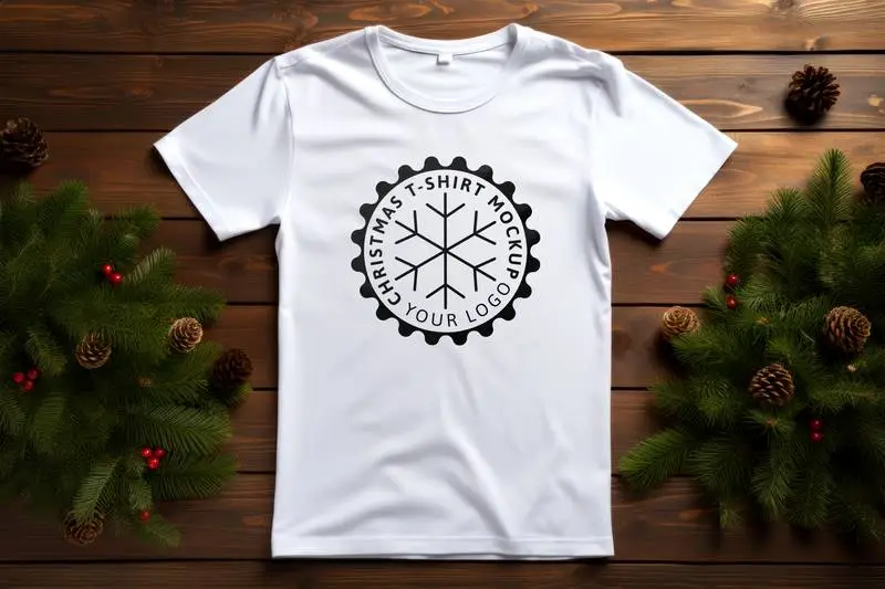 Logo Mockup on Open White T-Shirt on Wooden Background With Christmas Decoration