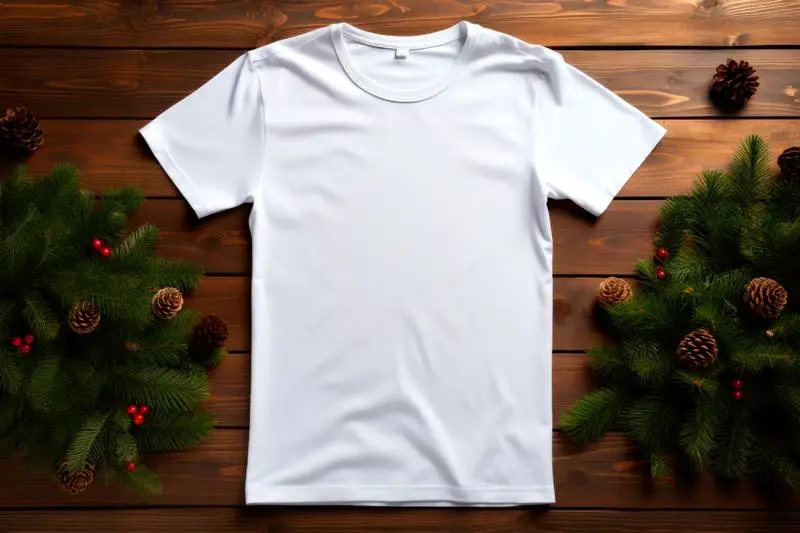 Image of Open White T-Shirt on Wooden Background With Christmas Decoration