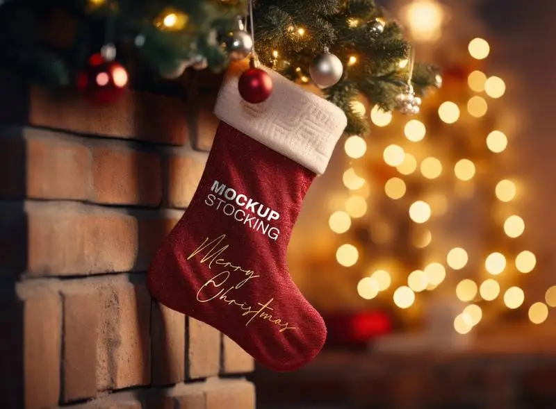 Mockup of Logo on Realistic Sock Hanging From Fireplace in Room With Christmas Decoration