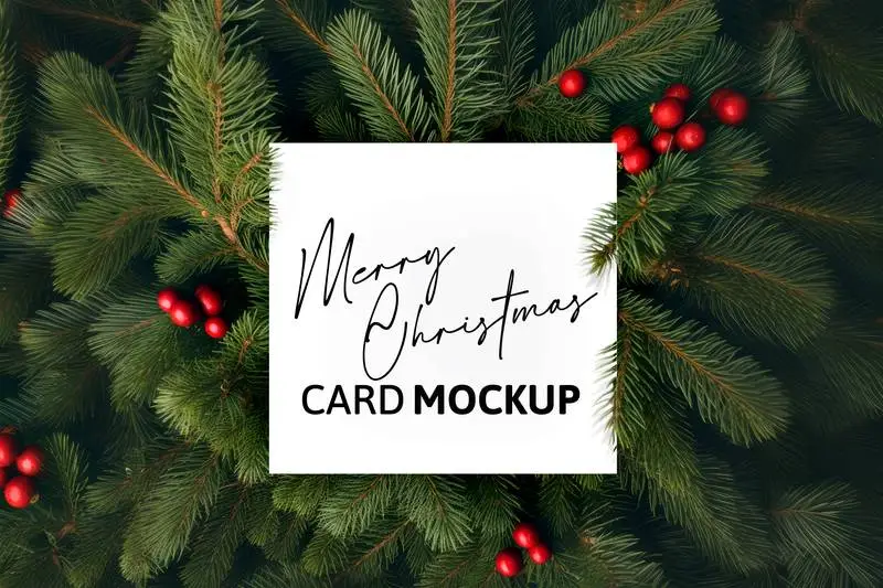 Logo Mockup on White Card With Christmas Spruce Tree Branches