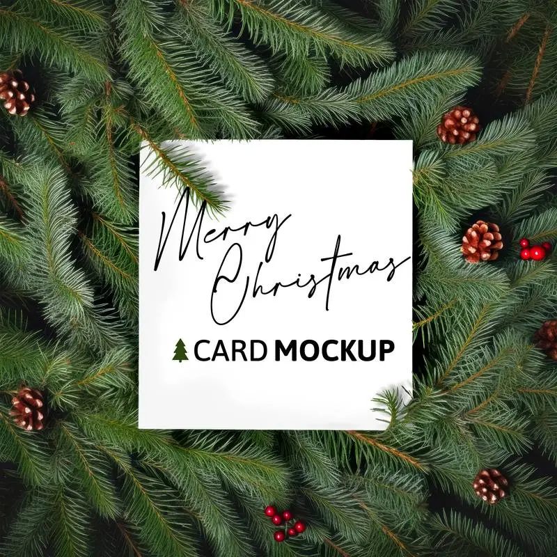 Logo Mockup on White Card With Christmas Branches and Pine Cones