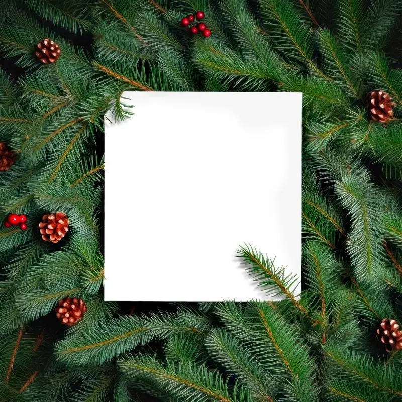Image of White Blank Card With Christmas Spruce Branches and Pinecones