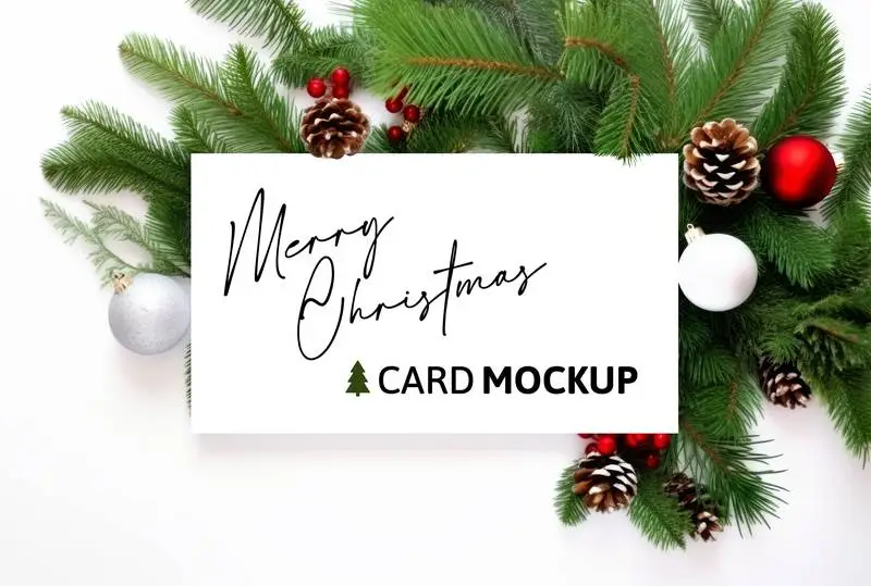 Logo Mockup on White Card With Spruce Branches and Christmas Decoration