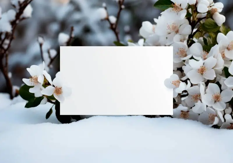 White Blank Card Image With Flowers and Snow in the Background