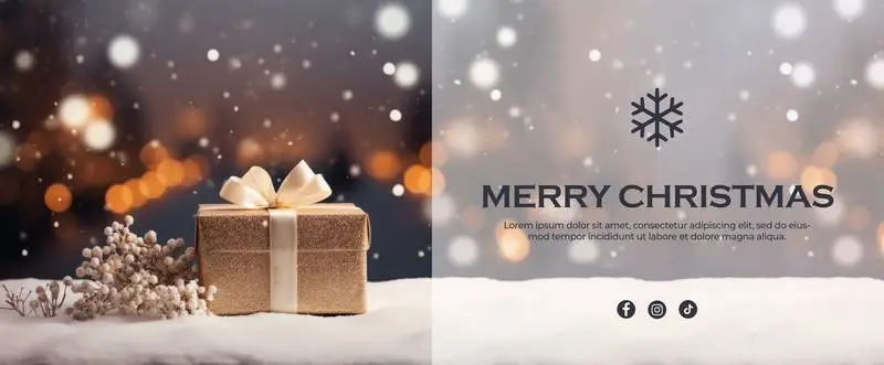 Christmas Banner With Text on Golden Gift Photo on Snowy Background With Out-of-Focus Lights