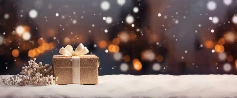 Realistic Golden Gift Image on Snowy Background With Blurred Lights