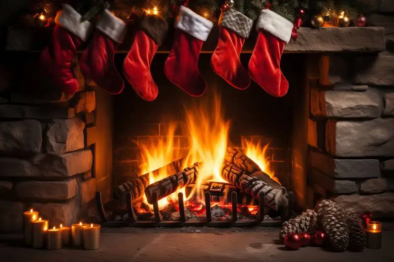 Scene Image of Red Christmas Stockings Hung on a Decorated Fireplace
