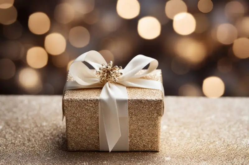 Image of Gift Wrapped With Glitter and Bow on Background of Blurred Lights
