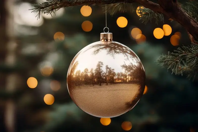 Image of a Golden Christmas Ball Hanging From the Branch of a Fir Tree