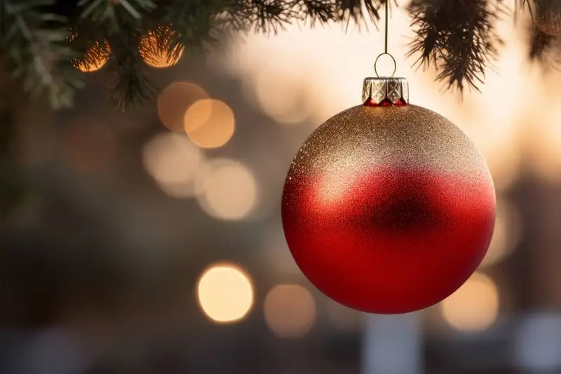 Image of a Red Ball With Gold Glitter Hanging From the Branch of a Fir Tree