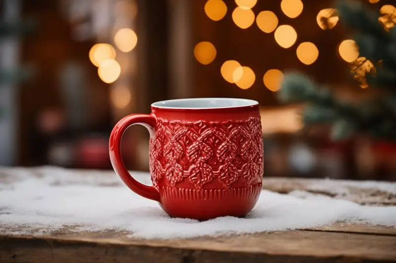 Image of Red Mug on Snowy Ground With Christmas Tree Lights Blurred in Background