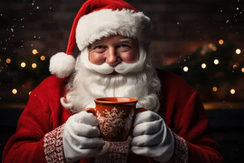 Image of Santa Klauss With Red Mug in His Hands With Christmas Tree Lights Faded in Background