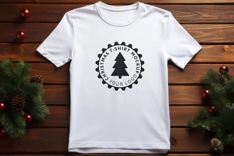 Logo Mockup on White T-Shirt Open on Wooden Floor With Christmas Decoration