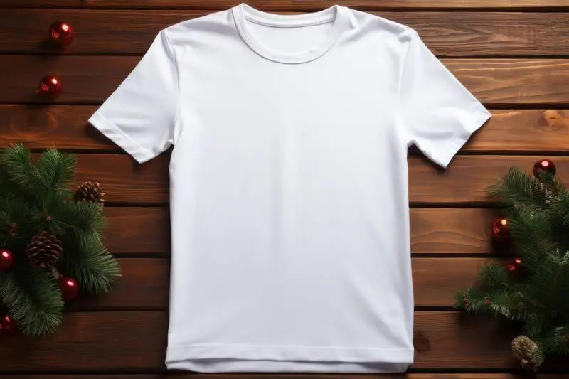 Image of Open White T-Shirt on Wooden Floor With Christmas Decoration
