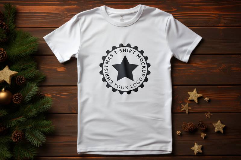 Logo Mockup on Open White T-Shirt on Wooden Floor With Christmas Star Decoration