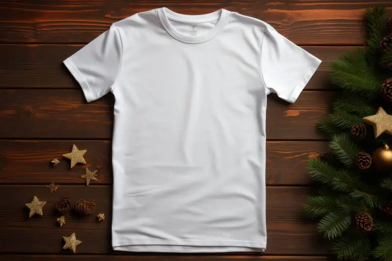 Image of Open White T-Shirt on Wooden Floor With Christmas Star Decoration