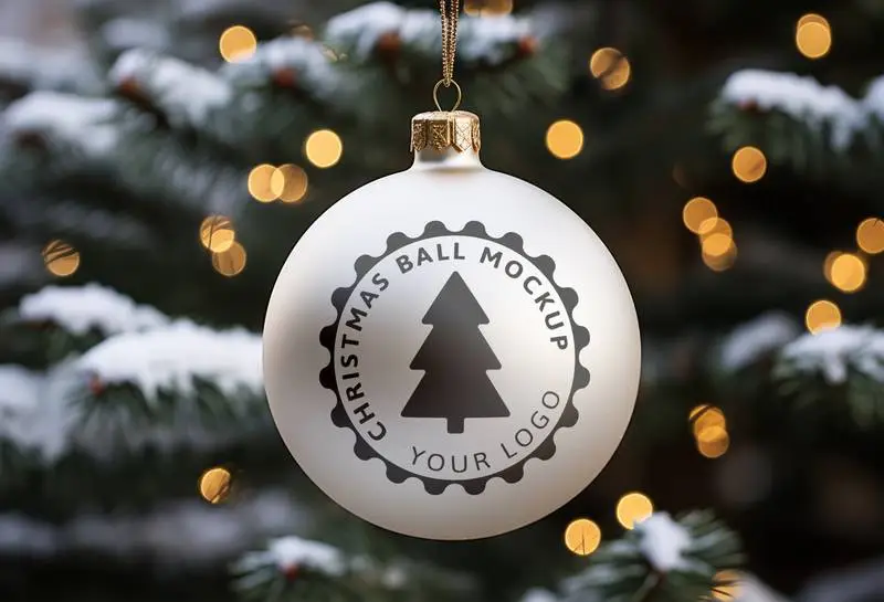 Mockup of a White Christmas Ball Hanging From a Tree With Blurred Lights