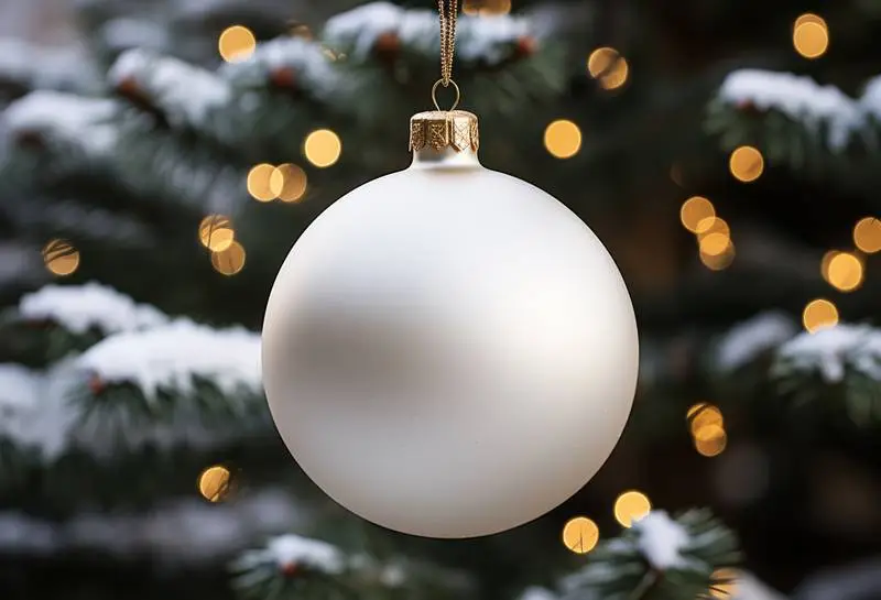 Image of a White Christmas Ball Hanging From a Tree With Faded Lights