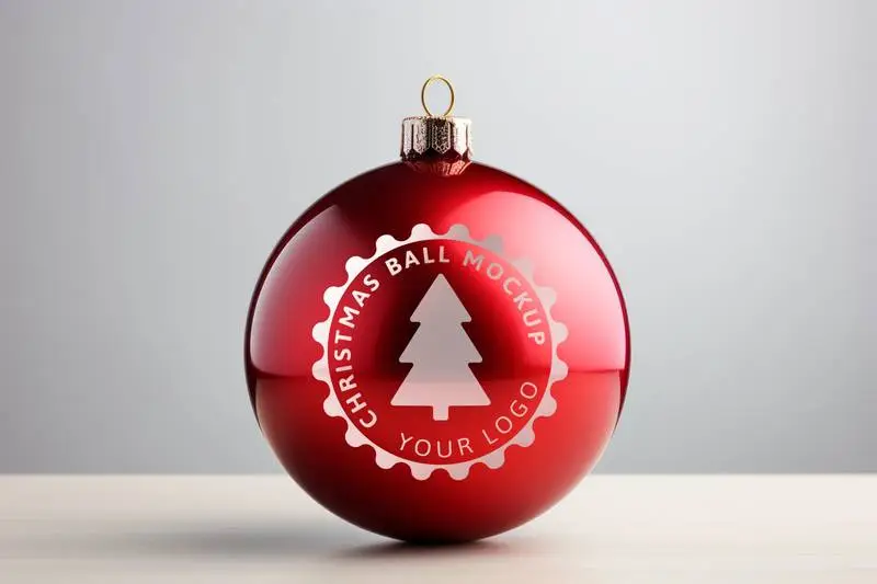 Logo Mockup on Red Christmas Ball Hanging on a Grey Background