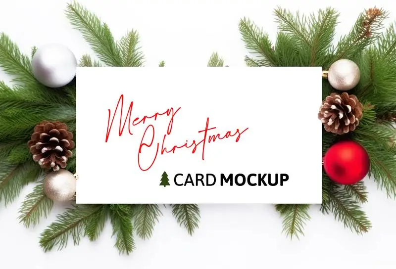 White Card Mockup With Christmas Decoration on White Background