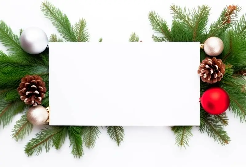 Image of White Card With Christmas Decorations on White Background