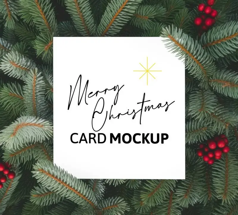 Mockup of White Card on Background With Fir Branches and Red Balls