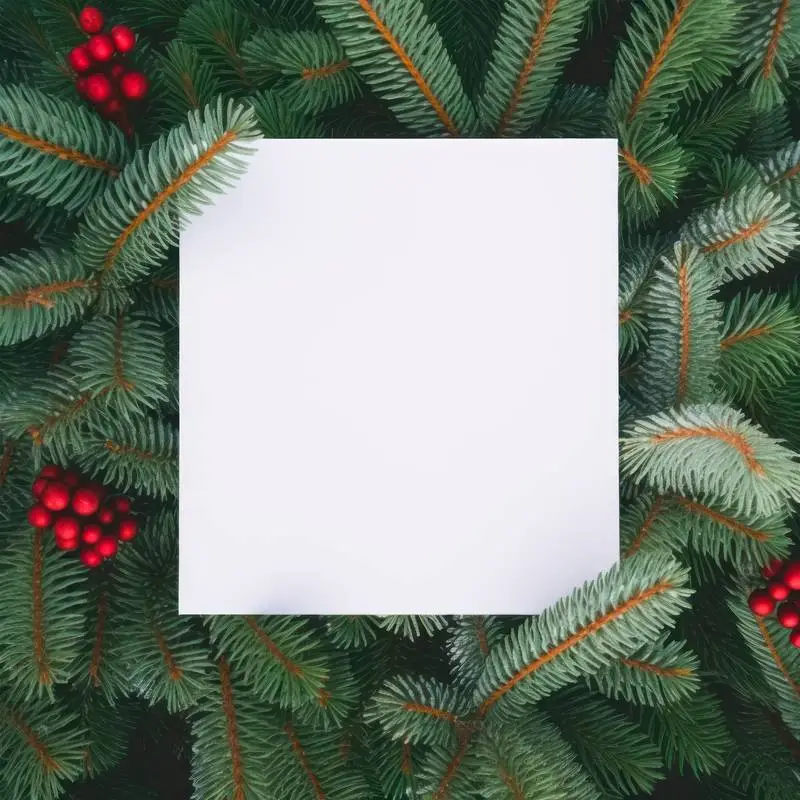 Image of a White Card on a Background With Fir Branches and Red Balls