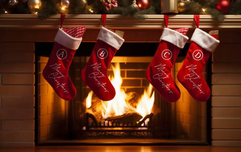 Logo Mockup of a Collection of Christmas Stockings Hung on a Decorated Fireplace