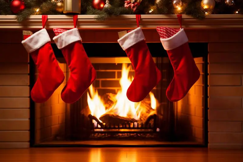 Image of a Collection of Christmas Stockings Hung on a Decorated Fireplace