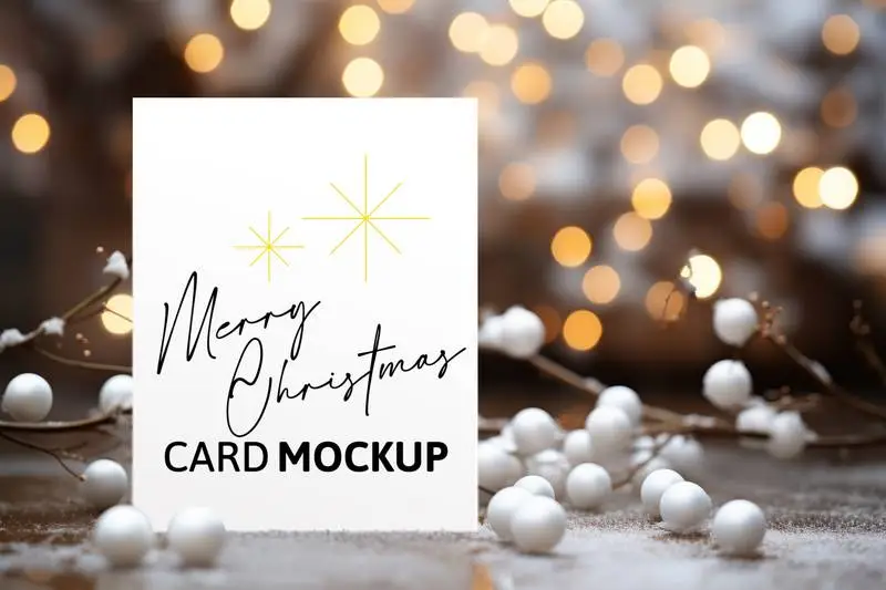 Mockup on White Card With Decoration of Balls and Branches With Blurred Lights in the Background