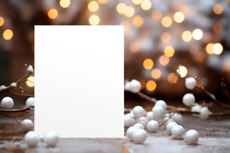 Image of White Card With Decoration of Balls and Branches With Blurred Lights in the Background