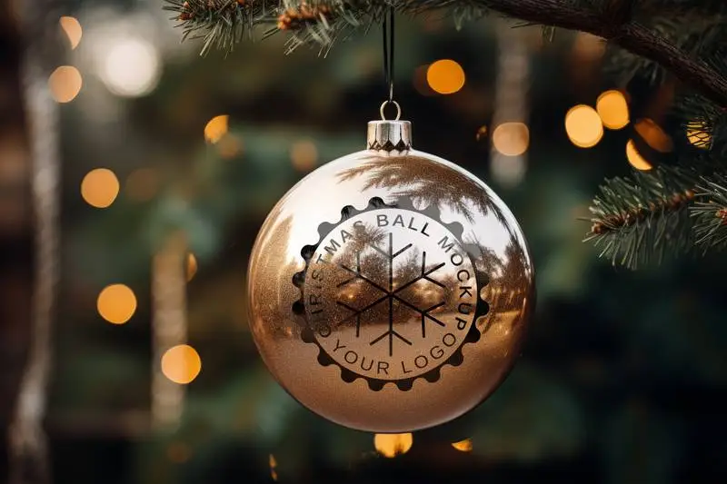 Mockup on Golden Christmas Ball With Reflection Hanging on Fir Tree Branch