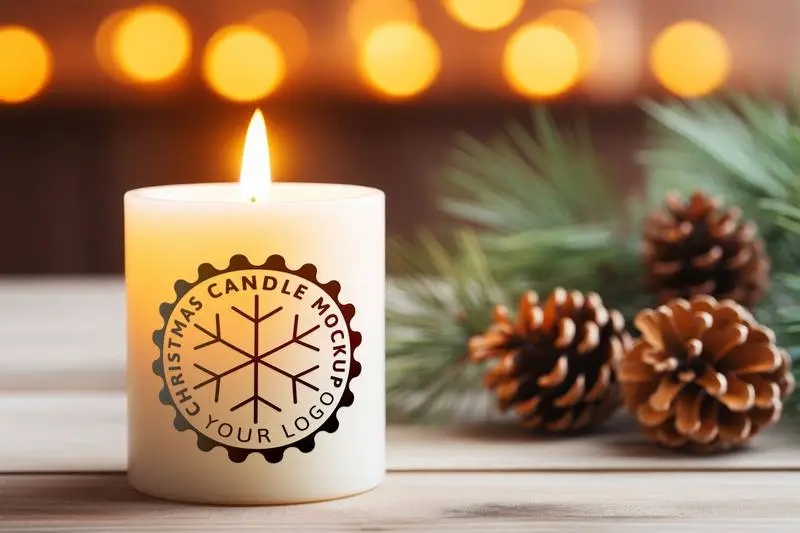 Mockup of a Label on a Lit Candle With Branches and Pine Cones on a Wooden Background