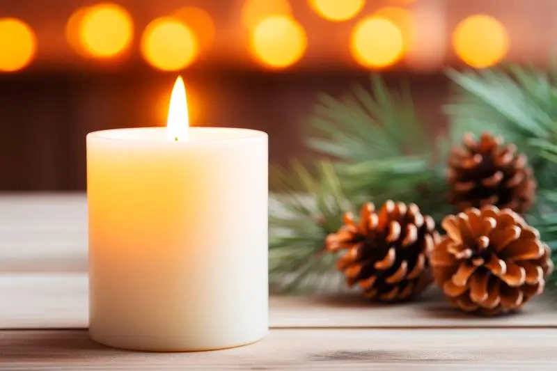 Image of Lighted Candle With Branches and Pine Cones on a Wooden Background