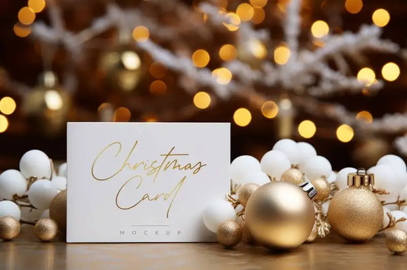 Mockup of a White Invitation Card With Christmas Decoration of Balls and Lights