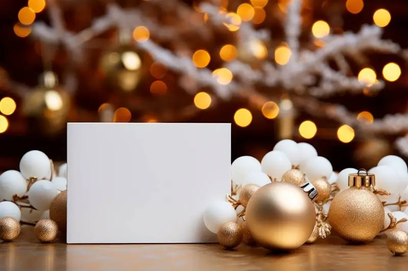 Image of a White Invitation Card With Christmas Decoration of Balls and Lights