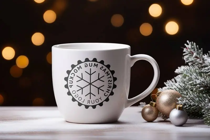 Mockup on White Mug With Christmas Decoration of Christmas Balls and Background of Blurred Lights