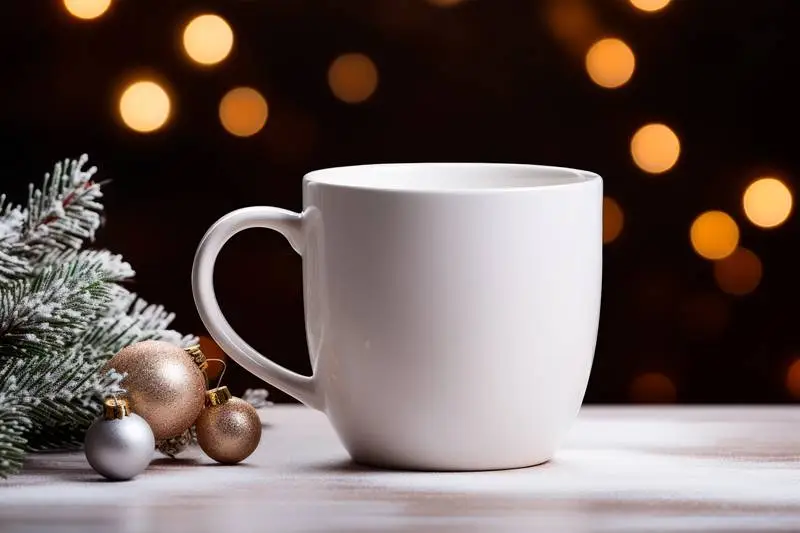 Image of a White Mug With Christmas Balls Decoration and a Background of Blurred Lights