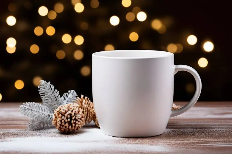 Photo of a White Coffee Mug in a Christmas Scene