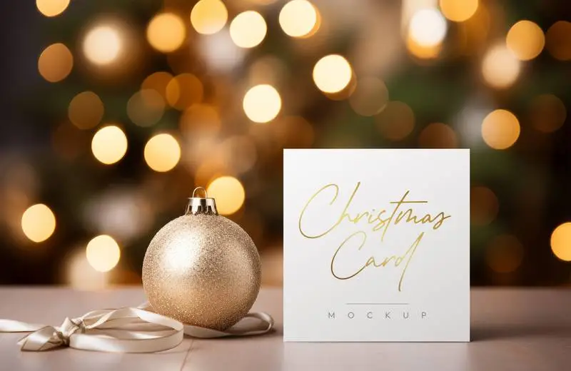 Mockup of a White Card With a Christmas Ball and Faded Lights in the Background