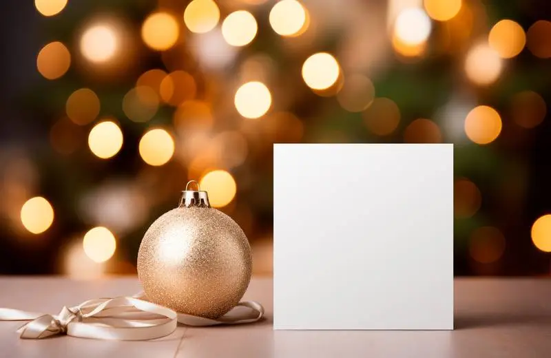 Image of a White Card With a Christmas Ball and Faded Lights in the Background