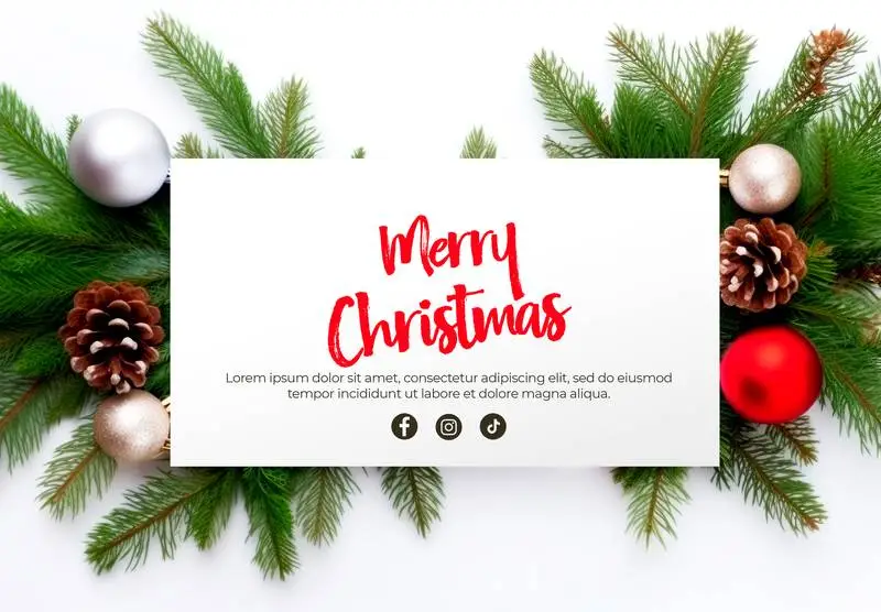 White Card Banner With Text on a Decorative Background of Fir Branches With Christmas Balls