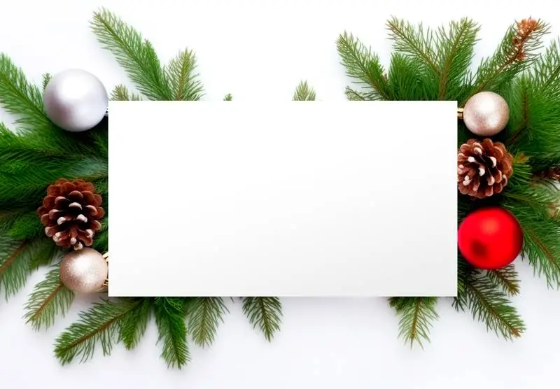 Image of White Card With Text on Decorative Background of Fir Tree Branches With Christmas Balls