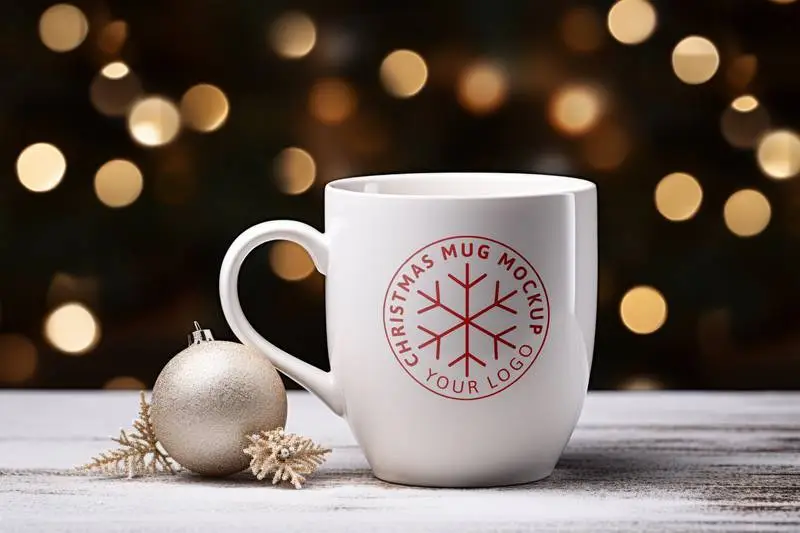 Mockup of a White Coffee Mug Design in a Christmas Scene