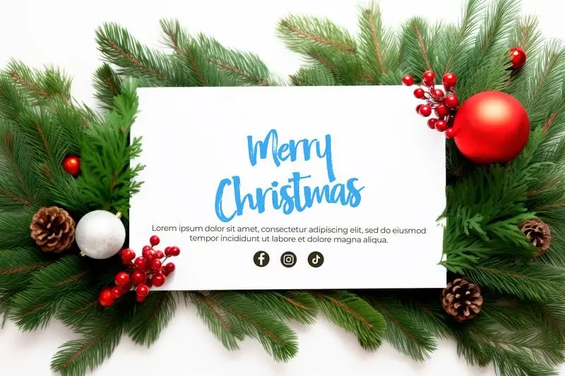White Card Banner With Text on a Background of Fir Branches With Christmas Balls